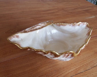 Antique Gilded Porcelain Shell Trinket / Pin Dish