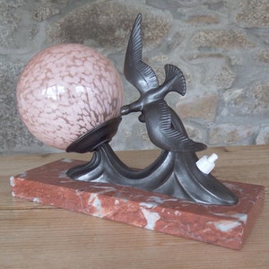 Vintage French Art Deco Lamp: Patinated Bronze Bird, Marble Base, c1930s