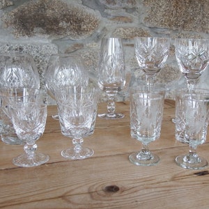 Collection of 13 Vintage Crystal Cut Glass Drinking Glasses, Tumblers, Brandy Wine Sherry Port.