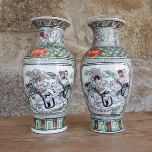 Pair Chinese Famille Verte Porcelain Vases Late Qing c.1900