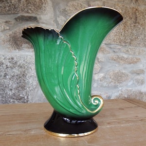 Vintage Carlton Ware Vert Royale Cornucopia Vase C1940 Emerald Green Body Lustre Glaze Interior