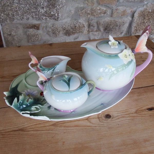 Franz Porcelain Butterfly Tea Set and Ladybird Tray by Jen Woo from the 2001 Franz Butterfly Collection
