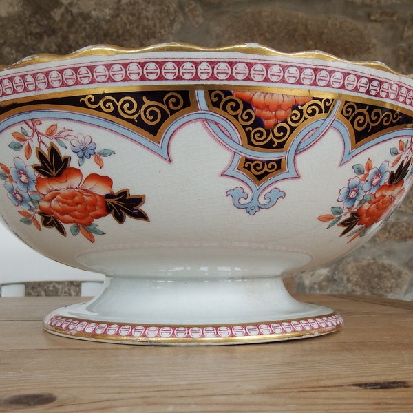 19th Century Polychrome Transferware Gilded Fruit Bowl Centrepiece Furnival Ironstone Staffordshire England