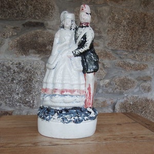 Antique Staffordshire Flatback Portrait Group, Victorian Soldier and Sweetheart