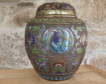Antique Qing Bronze Champlevé Enamel Ginger Jar with Lid (10.5&quot; High)