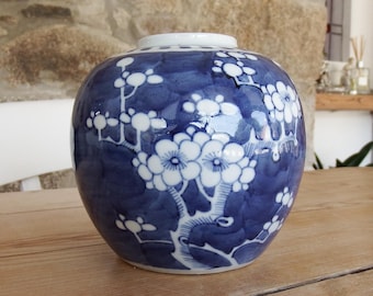 Antique Chinese Porcelain Prunus Kangxi Ginger Jar, Blue and White, Marked to Base.