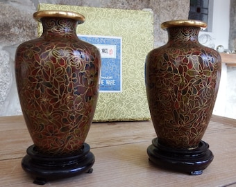Vintage Jingfa Cloisonne Vases with Stands - Chinese Pair in Original Box
