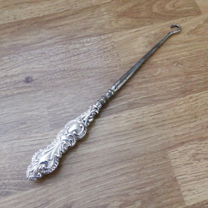 Antique Silver Button Hook, Ornate Rococo Handle 19th Century
