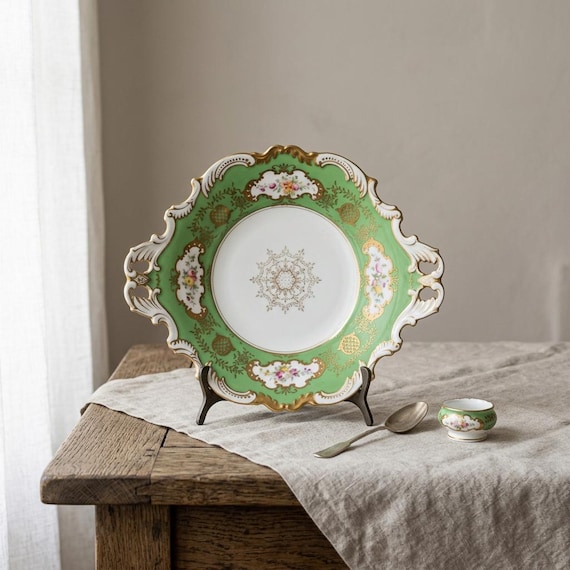 Antikes englisches Porzellan: Coalport-Kuchenplatte, apfelgrüne Servierschale mit Blumenmuster, vergoldetes Porzellan