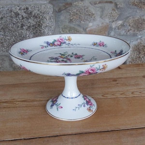 Vintage Bernardaud Limoges Porcelain Cake Stand: Hand Painted Spring Time Comport