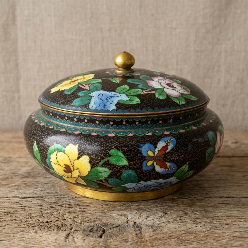 Vintage Chinese Cloisonné: Cloisonne Bowl with Floral Cover, Early