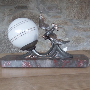 Vintage Art Deco Mood Lamp: Patinated Bronze Bird, Marble Base, c1930s
