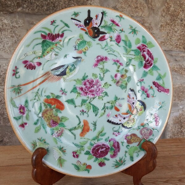 Antique 10" Chinese Canton Famille Rose Polychrome Enamel Celadon Plate with Birds Butterflies Chrysanthemum 1/10