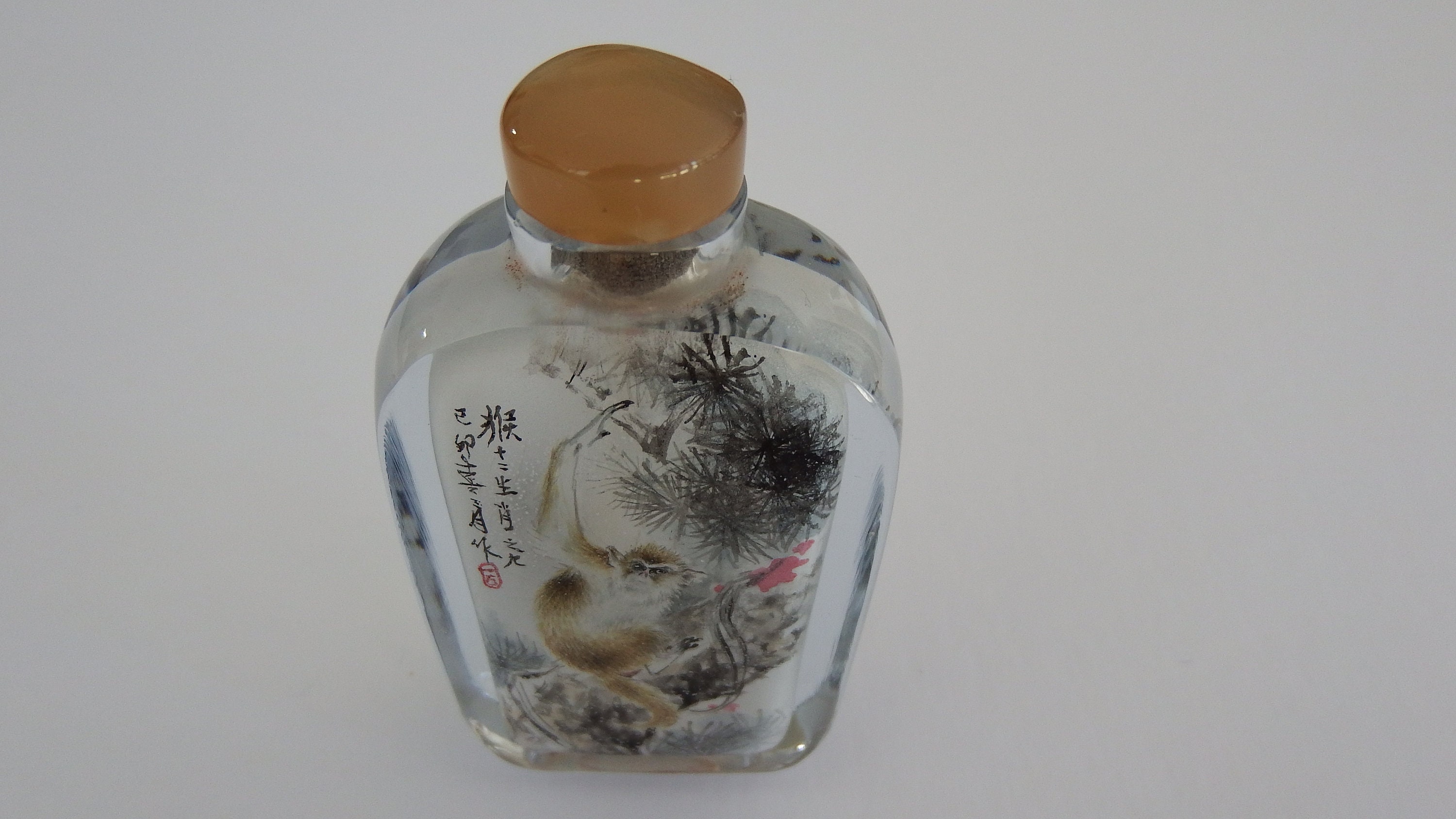 Vintage Chinese Reverse Painted Snuff Bottle, Rock Crystal Monkey