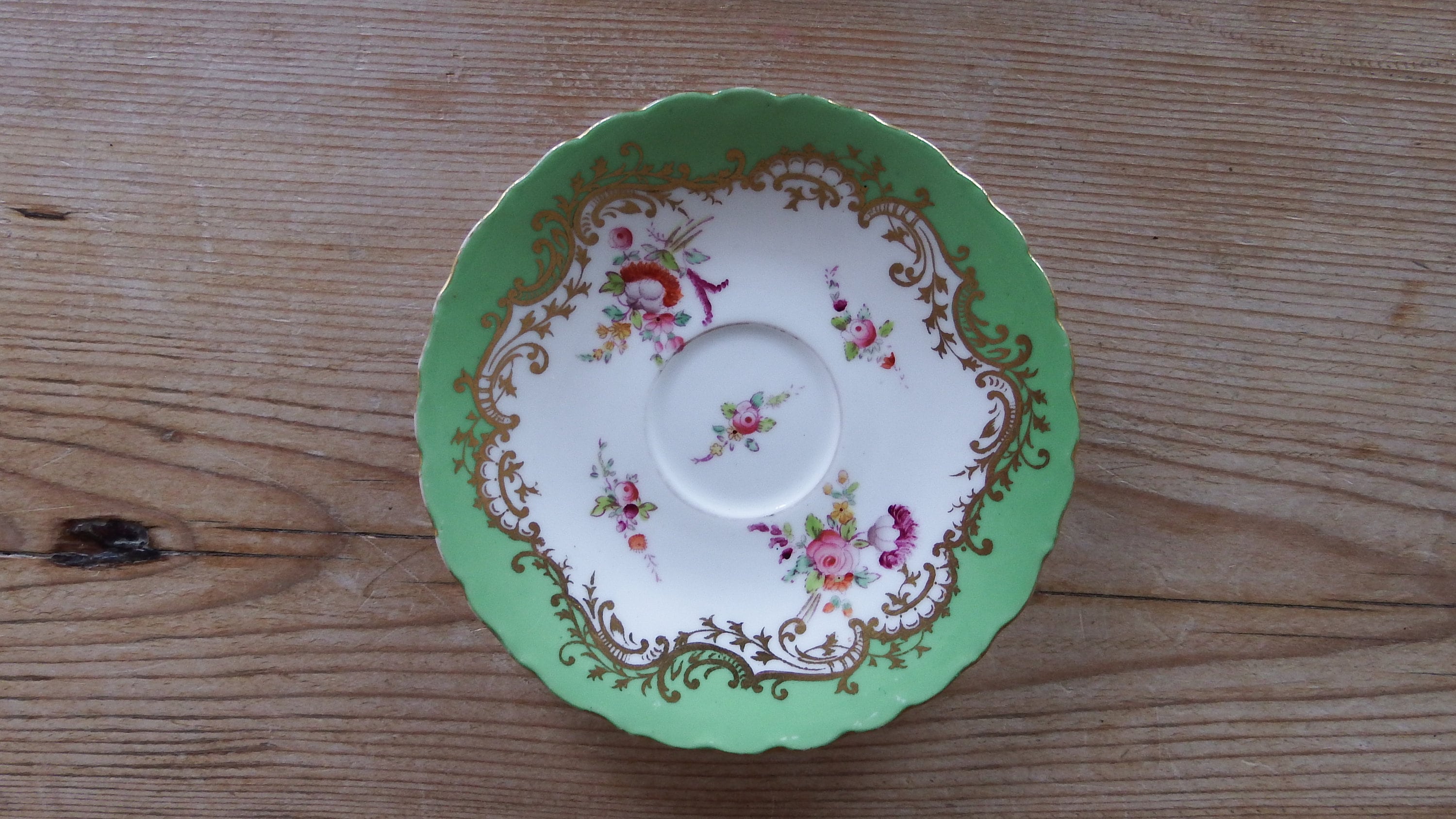 Antique Coalport Apple Green Dish: Floral Sprays, Raised Gilding (4.5")