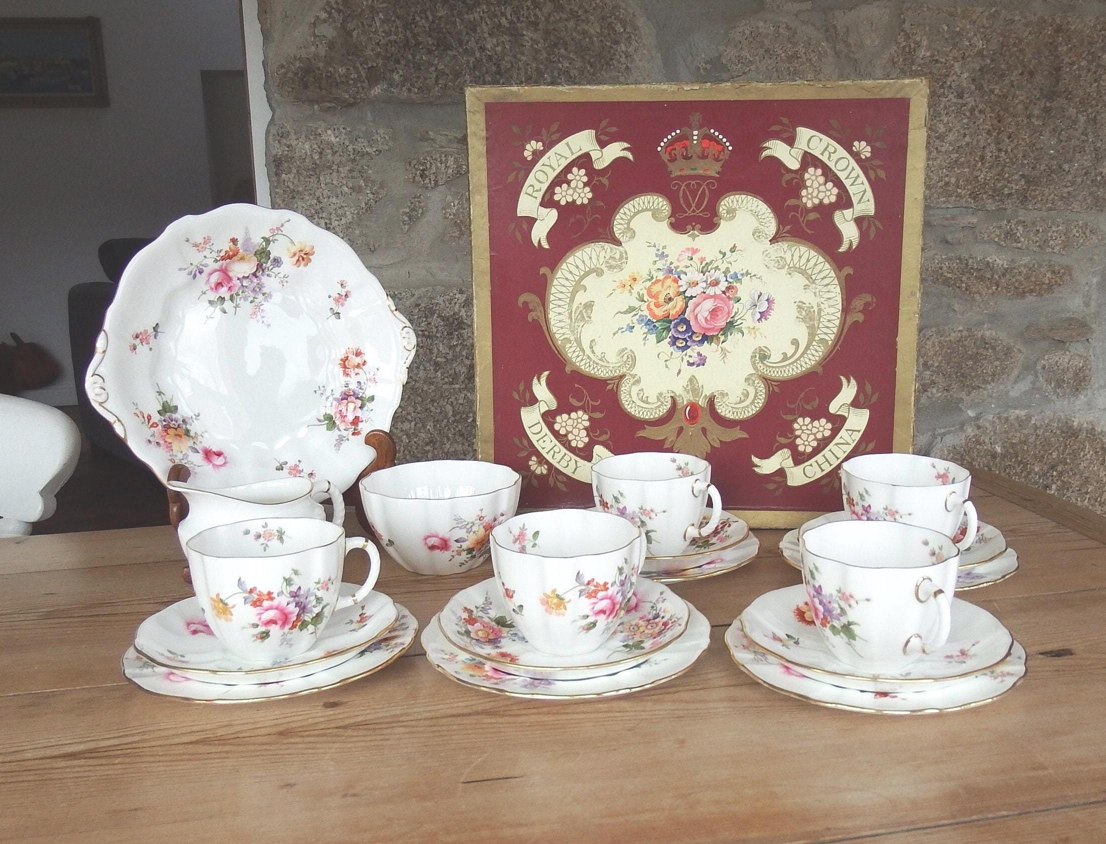 Royal Crown Derby Tea Set: Derby Posies Bone China, 1950s 