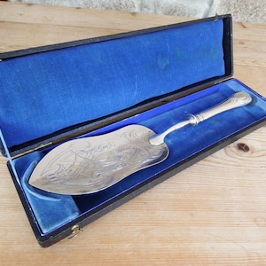 May include: A silver cake server with an ornate design, displayed in a black case with a blue velvet interior. The server has a detailed pattern on the blade and a decorative handle. The case is open, revealing the server.