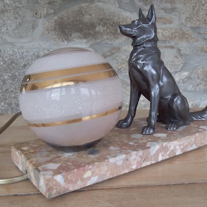 Vintage French Art Deco Mood Lamp: Bronze Dog Sculpture, Marble Base