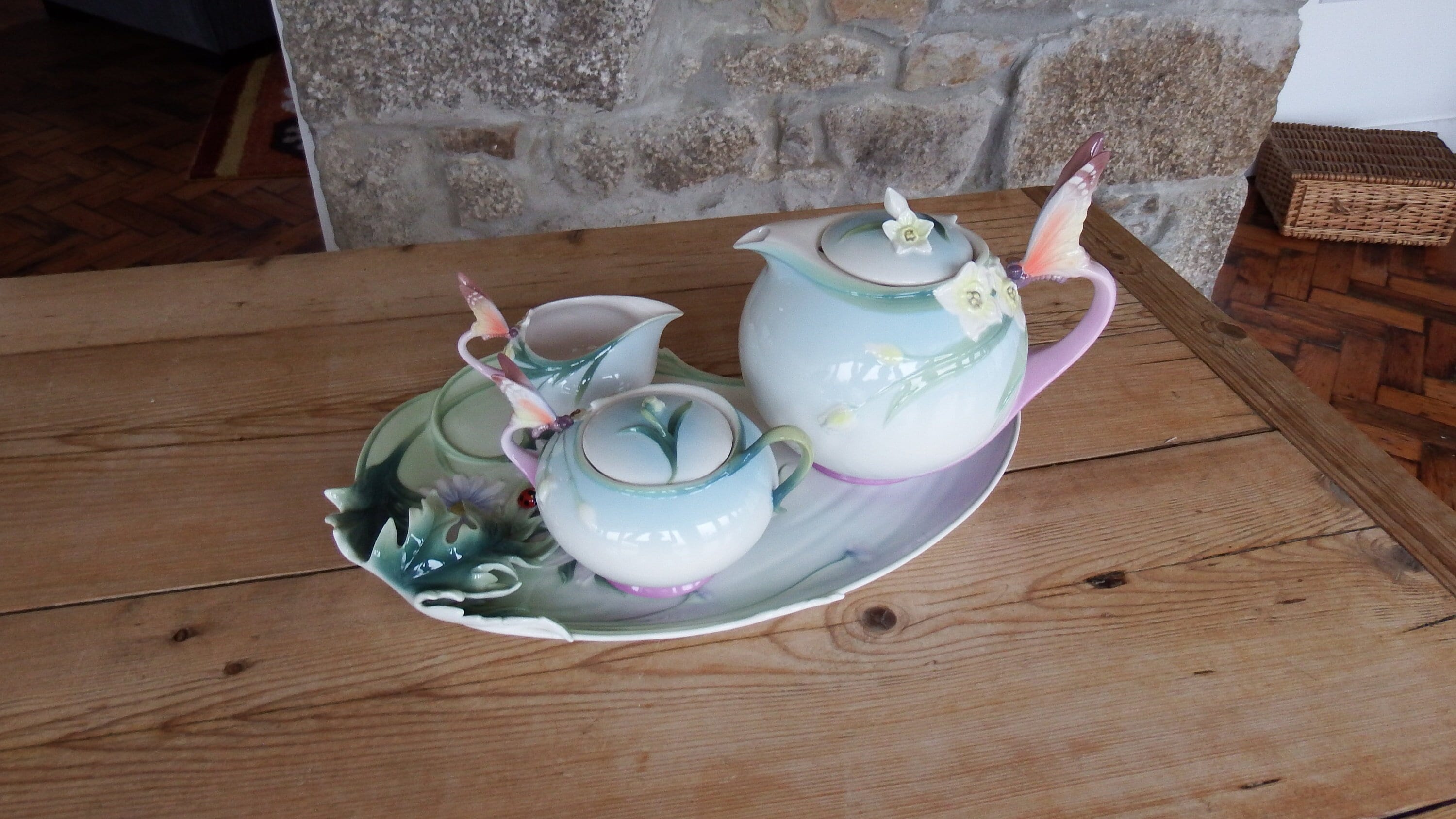 Franz Porcelain Butterfly Tea Set and Ladybird Tray by Jen Woo From the