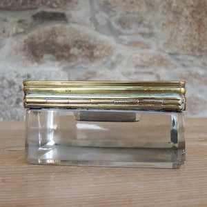 Antique 19th Century Square Glass Inkwell with Engraved Brass Lid