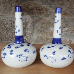 Pair of Qing Chinese Blue & White Porcelain Bottle Vases