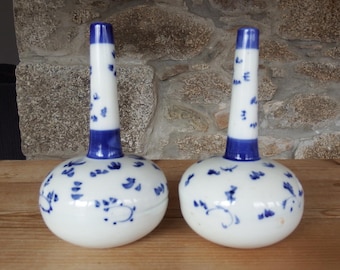 Antique Chinese Porcelain: Pair of Qing Blue and White Porcelain Bottle Vases Hand Painted