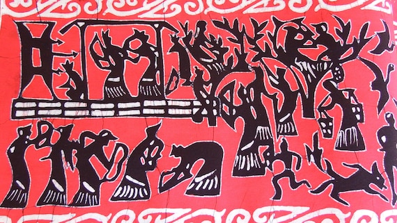 ヴィンテージ中国錦絵巻物：射手と鳥の水墨画（46 cm x 217 cm