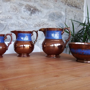 Set of Three Victorian Graduated Copper Lustre Jugs and Matching Bowl Decorative Antique Jugs