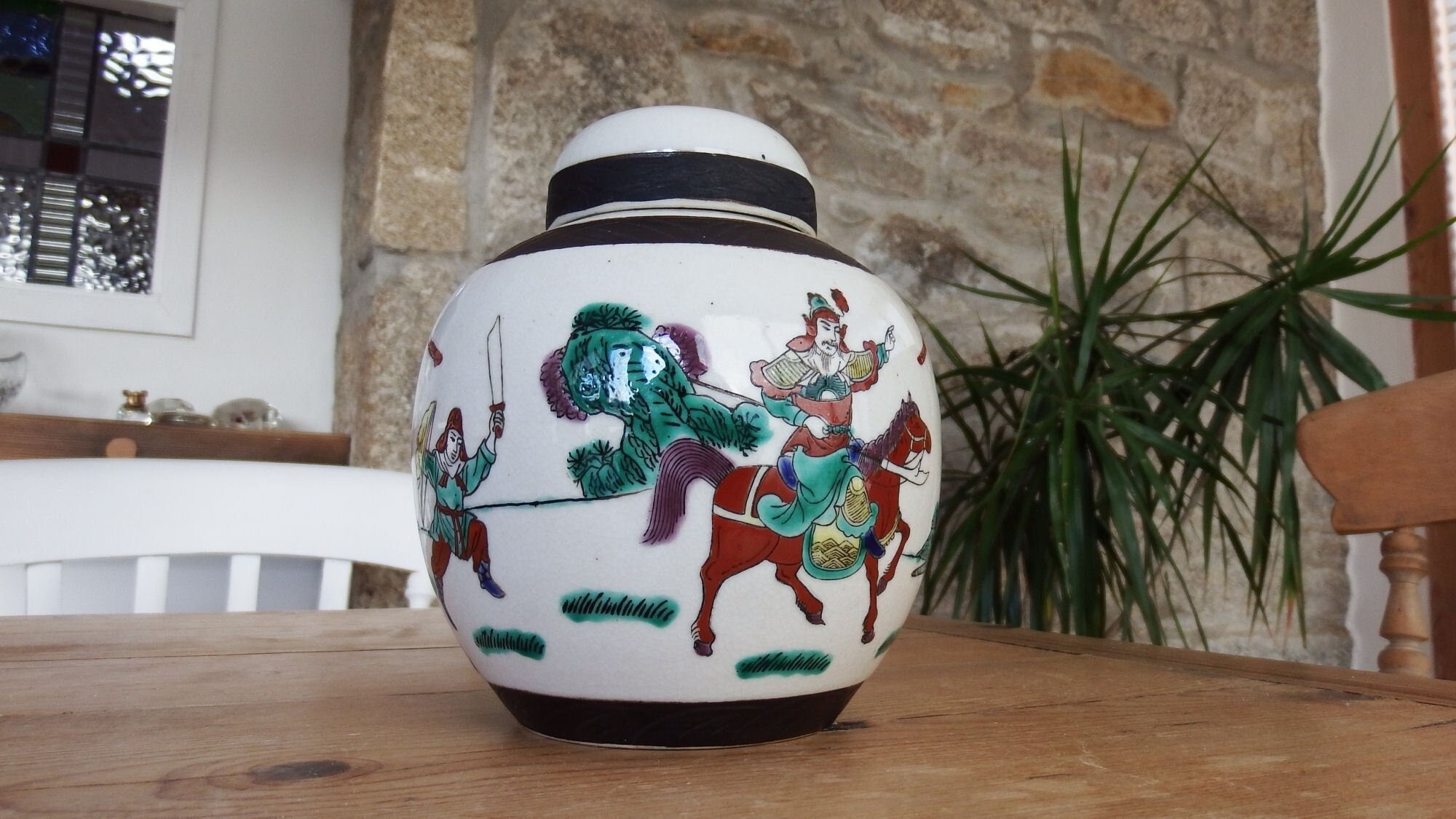 Chinese Crackle Glazed Porcelain Ginger Jar: Warrior Horse Design, c1900