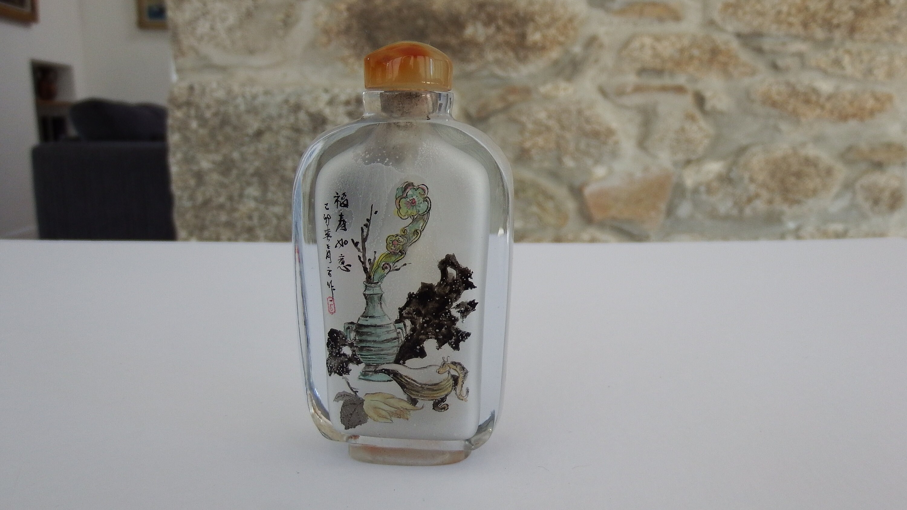 中国　染付　スナッフボトル Vintage Chinese Reverse Painted Snuff Bottle, Rock Crystal Monkey