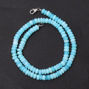 Peruvian Blue Opal Beaded Necklace, 6mm Opal Smooth Gemstone Beads Necklace, Opal Rondelle Jewelry, 925 Sterling Silver Lobster Clasp