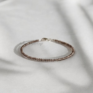 Genuine Smoky Quartz Beaded Bracelet, 2mm Micro Faceted Round Beads, Brown Smoky Quartz Handmade Minimalist Bracelet, Women’s Bracelet Gifts