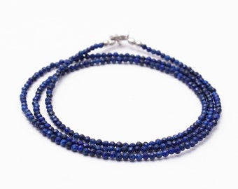 Natural Lapis Lazuli Beaded Necklace, Lapis Lazuli Micro Faceted 2mm Round Beads Necklace, AAA++ Lapis Gemstone Beads Necklace For Gift