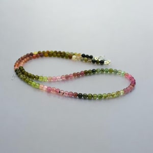 Natural Multicolour Tourmaline Beaded Necklace | 3mm Smooth Round Beads | Rainbow Tourmaline Bead Necklace | Sterling Silver Clasp