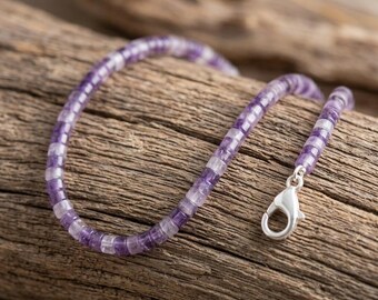 Natural Amethyst Heishi Necklace • 2x4mm Purple Disc Beads • Sterling Silver Clasp • Dainty Minimalist Stacking Chain • February Birthstone