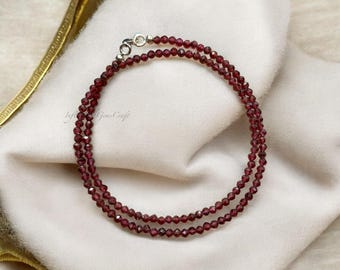 Natürliche Rhodolith Granat Halskette, 3 mm facettierte runde Perlen, Zarte Rote Perlen Damen Schmuck, Erde-inspirierter Schmuck, Birthstone Halskette