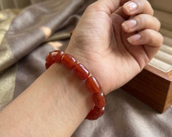 Natural Red Carnelian Stretch Bracelet 10x14mm Barrel Beads 7-7.5 In, Orange Gemstone Elastic Wristband Minimalist Gift for Her