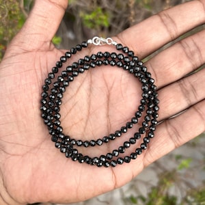 Sleek Black Spinel Beaded Necklace, 4mm Faceted Round Beads Necklace, Sterling Silver, Perfect for Everyday Wear