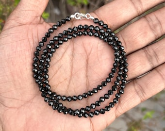 Sleek Black Spinel Beaded Necklace, 4mm Faceted Round Beads Necklace, Sterling Silver, Perfect for Everyday Wear