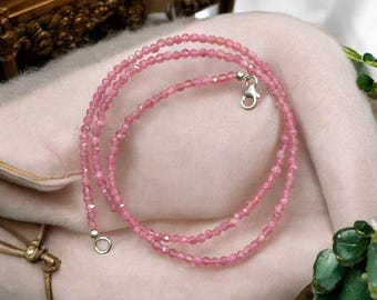 Natural Pink Tourmaline Beaded Necklace, 2mm Faceted Round Beads, Tourmaline Minimalist Jewelry, Women’s Necklace, Gift for Her, AAA Quality