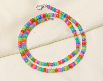 4-5mm Smooth Ethiopian Opal Beaded Necklace, Multi Color Opal Rondelle Necklace with Sterling Silver Clasp, Women's Ethiopian Opal Jewelry