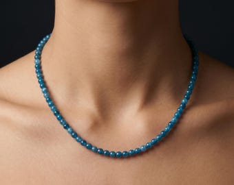 Genuine Blue Apatite Choker, 4mm Dainty Smooth Stone Bead Necklace, Sterling Silver Clasp, Elegant Boho Minimalist Layering Jewelry Gift