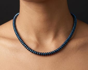 Natural Metallic Blue Hematite Necklace 6mm Saucer Beaded Choker, Sterling Silver Clasp Electric Blue Crystal Dainty Minimalist Gift Her
