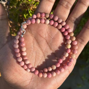 Natural Pink Rhodonite Gemstone Necklace, 6mm Smooth Round Beads, 925 Sterling Silver Lobster Clasp, Healing Crystal Jewelry