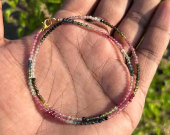 Multi Tourmaline Beaded Necklace | 2mm Faceted Beads | Gold Plated 925 Sterling Silver Clasp | Minimalist Tourmaline Jewelry | Gift For Her
