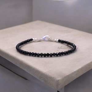 3mm Black Spinel Beaded Bracelet, Micro Faceted Round Beads, Minimalist Tiny Black Beads Bracelet, 925 Sterling Silver Clasp Bracelet