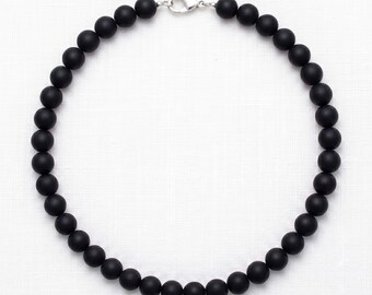 Genuine Frosted Black Onyx Choker, 8mm 10mm Dull Finish Bead Necklace, Sterling Silver Clasp, Gothic Boho Minimalist Jewelry Gift Men Women
