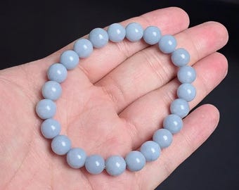 8 mm blaues Angelit Perlenarmband - runde Perlen, natürliches Angelit starkes Stretchschnurarmband, Unisex Design, bester Schmuck Geschenk