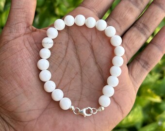 Natural White Jade Bracelet, 8mm Smooth Round Beads, Sterling Silver Clasp, Gift for Him/Her