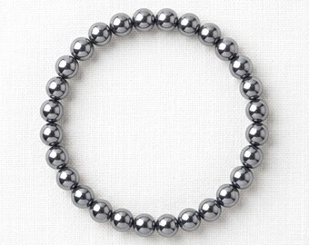 Terahertz Beaded Stretch Bracelet 8mm Smooth Round Beads, Metallic Silver Crystal Elastic Wristband Minimalist Unisex Gift for Her